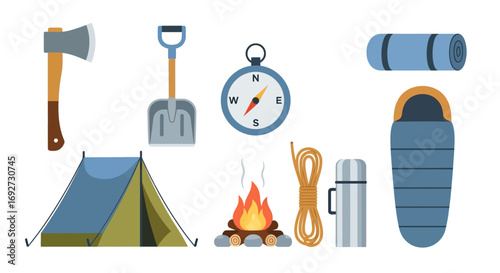 Essential camping and outdoor adventure gear illustration featuring tent, sleeping bag, compass, and fire
