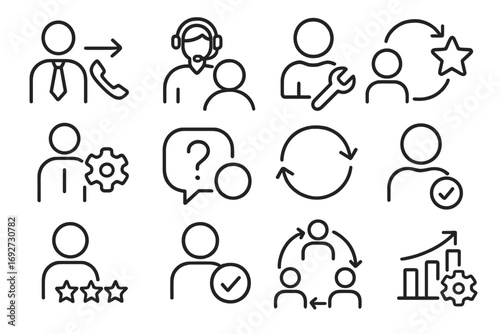 Customer Journey Icons. Line style icons of customer journey stages: initial contact, support interaction, resolution phase,