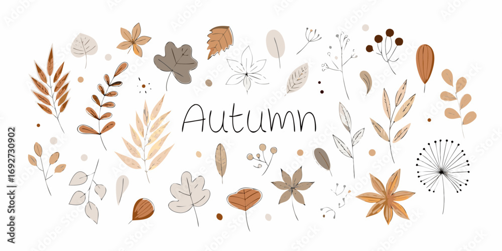Obraz premium Hand drawn autumn leaves and berries border with text autumn in a minimalist style