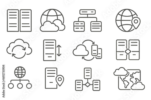 Data Center Icons. Line style icons of data centers and regions: server room icon, globe with clouds, availability zone icon,