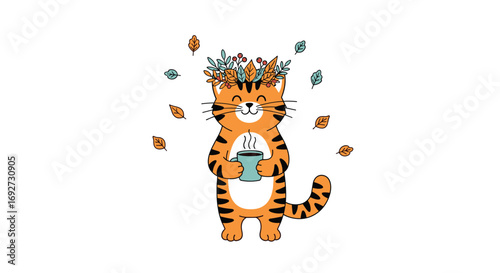 Cute cartoon tiger wearing autumn leaves crown holding coffee cup enjoying the fall season