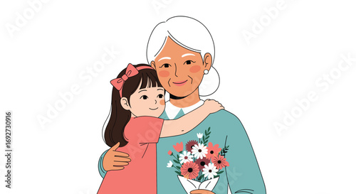 A loving granddaughter hugs her caring grandmother while holding a beautiful bouquet of flowers