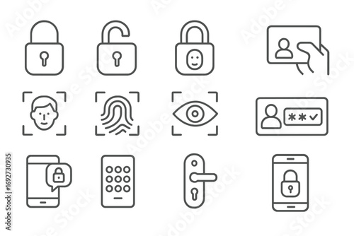 Digital Security Icons. Line style icons of digital locks and access: padlock, unlocked icon, biometric lock, keycard; facial