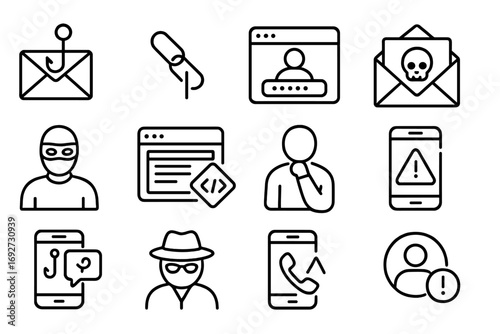 Phishing Scams Icons. Line style icons of phishing and scams: hook email, suspicious link, fake login page, envelope with skull;