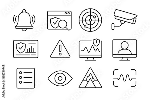 Security Monitoring Icons. Line style icons of security monitoring: alert bell, system scanner, network radar, surveillance cam;