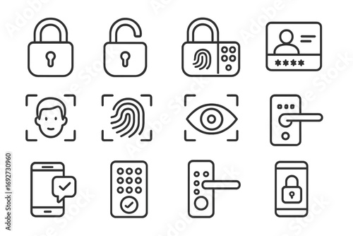 Digital Security Icons. Line style icons of digital locks and access: padlock, unlocked icon, biometric lock, keycard; facial