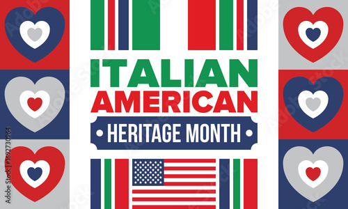 Italian American Heritage Month. Happy holiday celebrate annual in October. Italy and United States flag. Culture month. Patriotic design. Poster, card, banner, template. Vector illustration