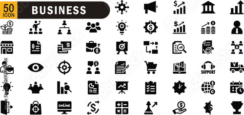 Business editable black fill icon set. Finance, office, teamwork, strategy, growth and more.
