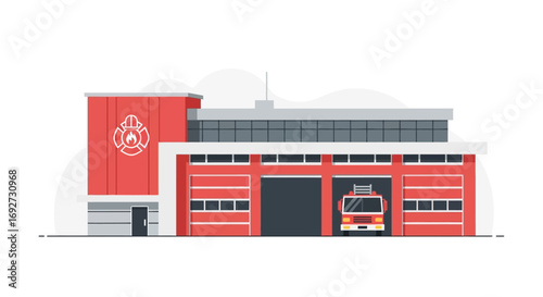 Vector illustration of a modern fire station building with a red fire truck in the garage, representing community safety and emergency services
