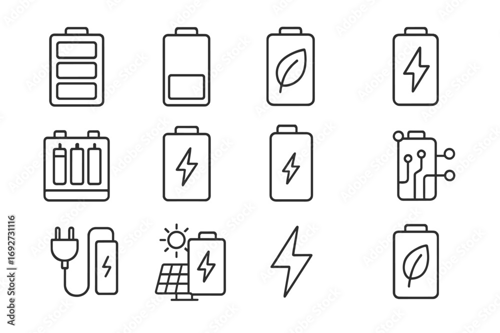 Battery Icon Series. Line style icons of battery storage: fully charged battery, low battery icon, battery with leaf, charging