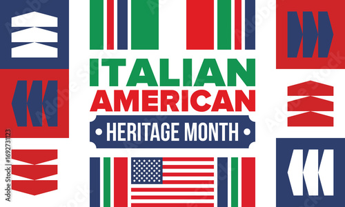 Italian American Heritage Month. Happy holiday celebrate annual in October. Italy and United States flag. Culture month. Patriotic design. Poster, card, banner, template. Vector illustration