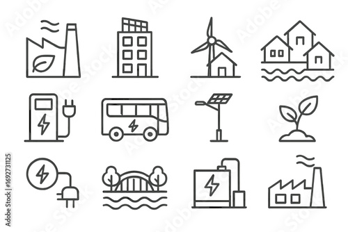 Sustainable Infrastructure Icons. Line style icons of sustainable infrastructure: eco factory, green building with panel,