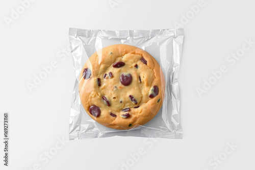 Chocolate cookie in transparent plastic pack mockup, ai generated