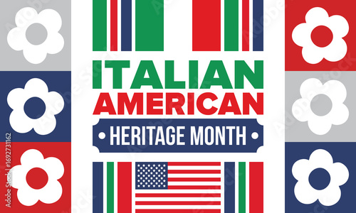 Italian American Heritage Month. Happy holiday celebrate annual in October. Italy and United States flag. Culture month. Patriotic design. Poster, card, banner, template. Vector illustration