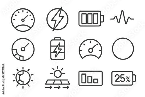 Line Energy Icons. Line style icons of visual energy indicators: bar gauge, lightning ring, battery fill lines, energy pulse icon;