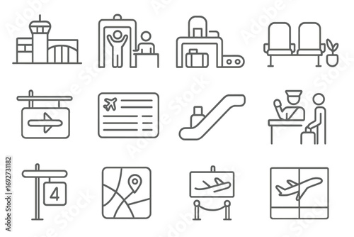 Airport Line Icons. Line style icons of airport scenes: terminal icon, security check, baggage scan, waiting area; airport sign,