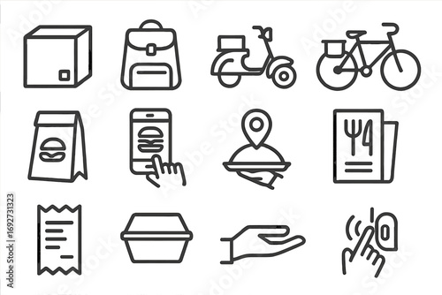 Food Delivery Icons. Line style icons of food delivery: delivery box, food courier bag, scooter, bicycle; fast food bag, mobile