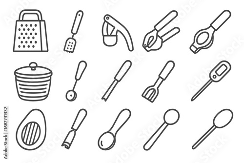Food Prep Icons. Line style icons of food prep essentials: grater, zester, garlic press, lemon squeezer; salad spinner, melon