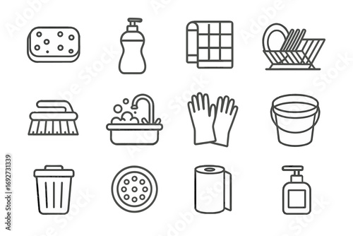 Kitchen Cleaning Icons. Line style icons of kitchen cleaning tools: sponge, dish soap, dish towel, drying rack; scrub brush, sink