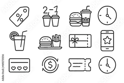 Fast Food Icons. Line style icons of fast food deals and promos: discount tag, 2-for-1 icon, meal combo deal, limited time offer;