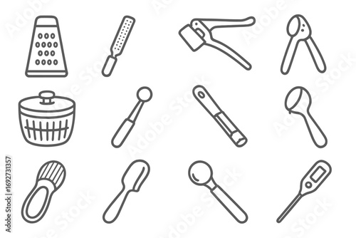 Food Prep Icons. Line style icons of food prep essentials: grater, zester, garlic press, lemon squeezer; salad spinner, melon