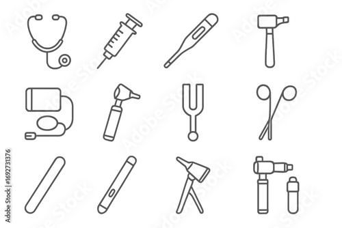 Medical Tools Icons. Line style icons of medical tools: stethoscope, syringe, thermometer, reflex hammer; blood pressure cuff,