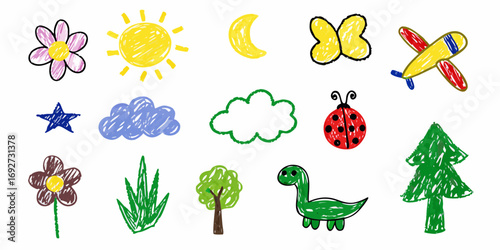 Collection of colorful crayon drawings of nature elements and animals for children
