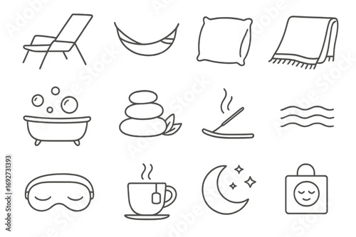 Relaxation Icons Collection. Line style icons of relaxation and rest: lounge chair, hammock, cozy pillow, soft blanket; bath