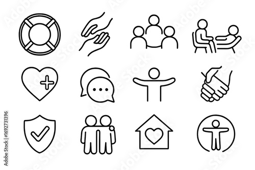 Support Care Icons. Line style icons of supportive care: lifebuoy, helping hand, support group, therapy session; heart with plus,