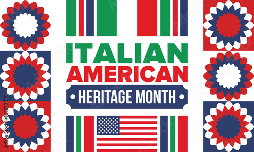 Italian American Heritage Month. Happy holiday celebrate annual in October. Italy and United States flag. Culture month. Patriotic design. Poster, card, banner, template. Vector illustration