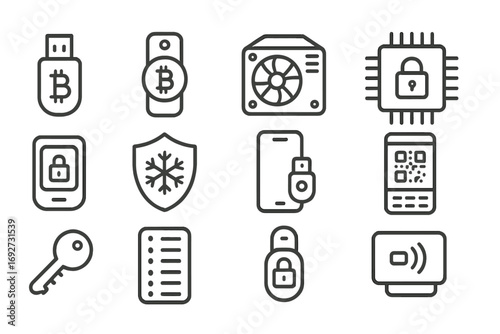 Crypto Hardware Icons. Line style icons of hardware for crypto: crypto USB, hardware wallet, mining computer, secure chip; device