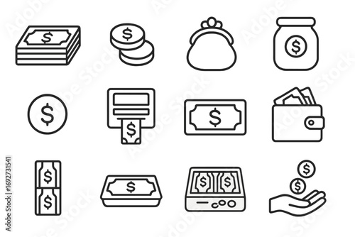 Cash Handling Icons. Line style icons of cash handling: cash stack, coins icon, coin purse, tip jar; change icon, ATM machine,
