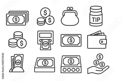 Cash Handling Icons. Line style icons of cash handling: cash stack, coins icon, coin purse, tip jar; change icon, ATM machine,