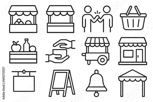 Marketplace Icons Collection. Line style icons of marketplace activities: vendor stall, open booth, haggling icon, customer basket