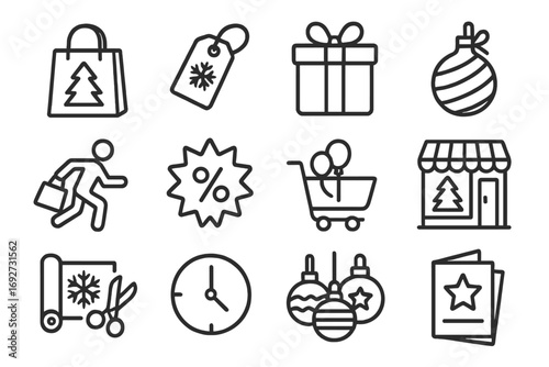 Festive Shopping Icons. Line style icons of festive shopping: holiday bag, seasonal tag, gift box, festive decor; shopping rush,