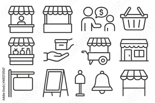 Marketplace Icons Collection. Line style icons of marketplace activities: vendor stall, open booth, haggling icon, customer basket