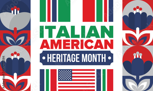 Italian American Heritage Month. Happy holiday celebrate annual in October. Italy and United States flag. Culture month. Patriotic design. Poster, card, banner, template. Vector illustration