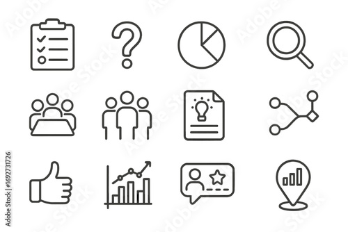 Market Research Icons. Line style icons of market research: survey form, question mark, pie chart, magnifying glass; focus group