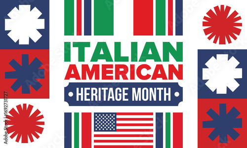 Italian American Heritage Month. Happy holiday celebrate annual in October. Italy and United States flag. Culture month. Patriotic design. Poster, card, banner, template. Vector illustration
