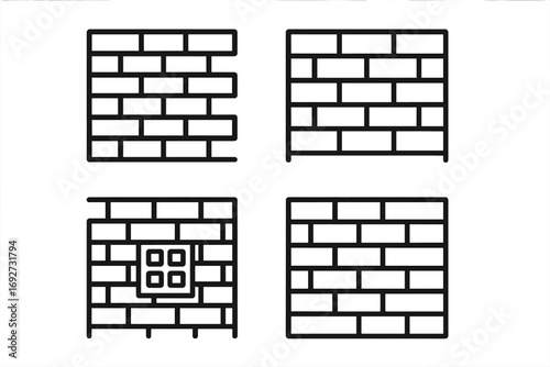 Modern Brick Aesthetics. Line style icons of modern brick aesthetics: gradient pattern, light mortar tone, flat joint, crisp grid;