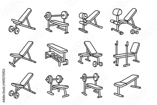 Workout Bench Icons. Line style icons of workout benches and dumbbells: incline bench with dumbbells, flat bench with weights,