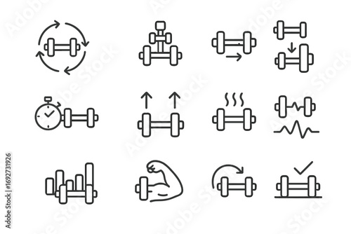 Dumbbell Workout Program Icons. Line style icons of dumbbells in training programs: dumbbell circuit, dumbbell pyramid, dumbbell