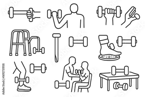 Rehabilitation Dumbbell Icons. Line style icons of dumbbells for rehabilitation: light dumbbell stretch, dumbbell shoulder rehab,