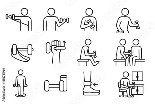Rehabilitation Dumbbell Icons. Line style icons of dumbbells for rehabilitation: light dumbbell stretch, dumbbell shoulder rehab,