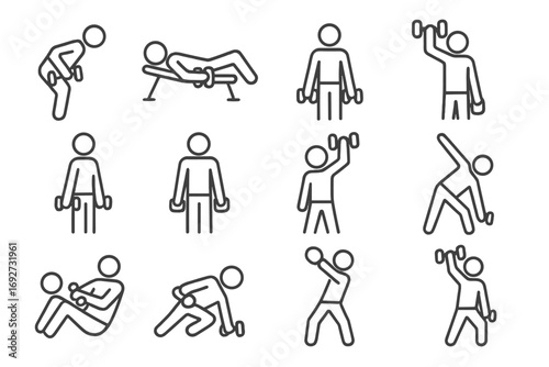 Dumbbell Exercise Icons. Line style icons of dumbbells during different exercises: dumbbell rows, dumbbell chest fly, dumbbell