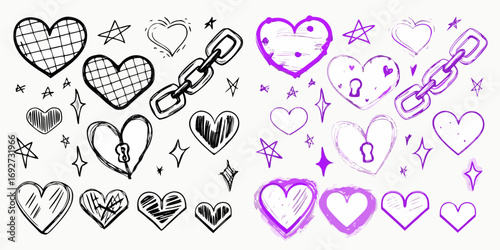 Collection of hand drawn hearts stars and chain links in black and purple