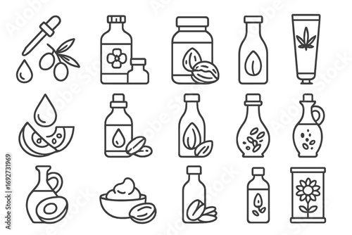 Cold-Pressed Oil Icons. Line style icons of cold-pressed oils: olive oil dropper, flaxseed oil bottle, walnut oil jar, hemp oil