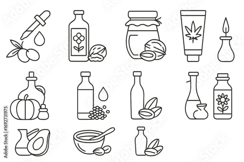 Cold-Pressed Oil Icons. Line style icons of cold-pressed oils: olive oil dropper, flaxseed oil bottle, walnut oil jar, hemp oil