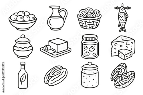Traditional Fat Sources Icons. Line style icons of traditional fat sources: olives in bowl, pressed oil jar, nuts in basket, fish