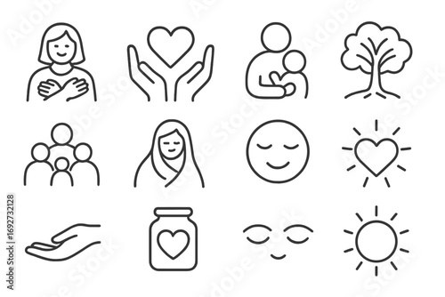 Nurturing Line Icons. Line style icons of nurturing and compassion: caregiver, hands holding heart, parent with child, nurturing